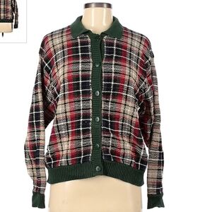 Vintage Baxter Wells 100% Cotton Plaid Cardigan Sweater Women's PL Petite Large